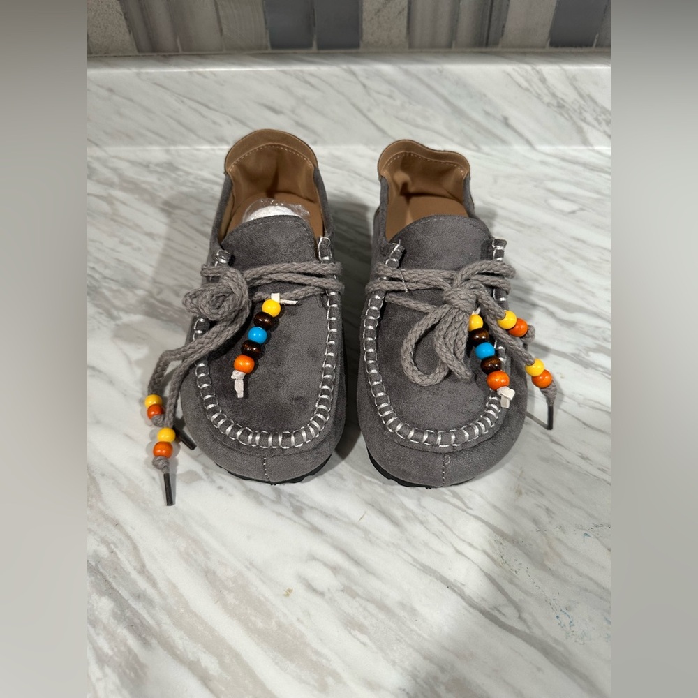 Gray Moccasins with Beaded Accents